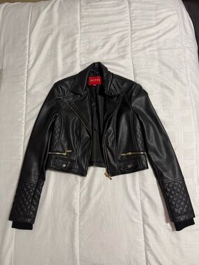 GUESS Black Quilted Faux Leather Moto Jacket with Gold Hardware